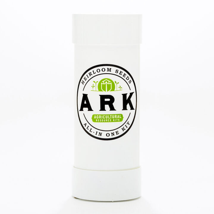 A white cylindrical container with a label that reads 'ARK Heirloom Seeds, All-in-One Kit', containing various seeds for plants and herbs.