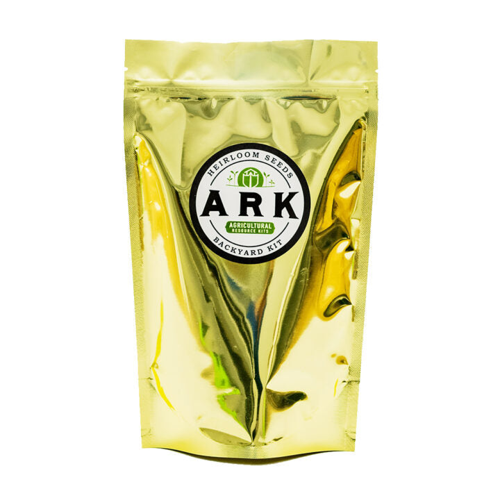 A gold-colored, self-sealed mylar bag with the ARK brand logo, labeled as a backyard seed kit.