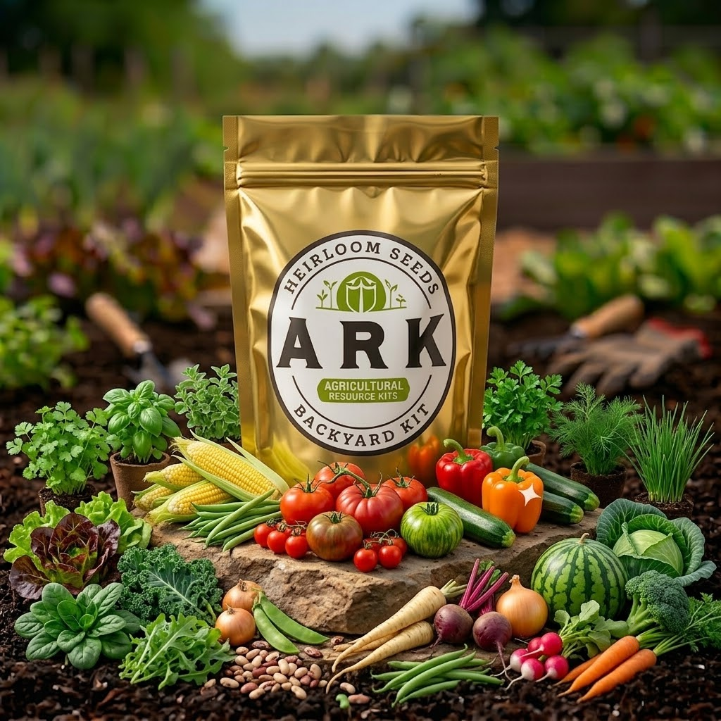 A gold resealable pouch labeled ARK Backyard Kit stands in a garden bed surrounded by fresh vegetables including tomatoes, corn, beans, carrots, broccoli, and herbs.
