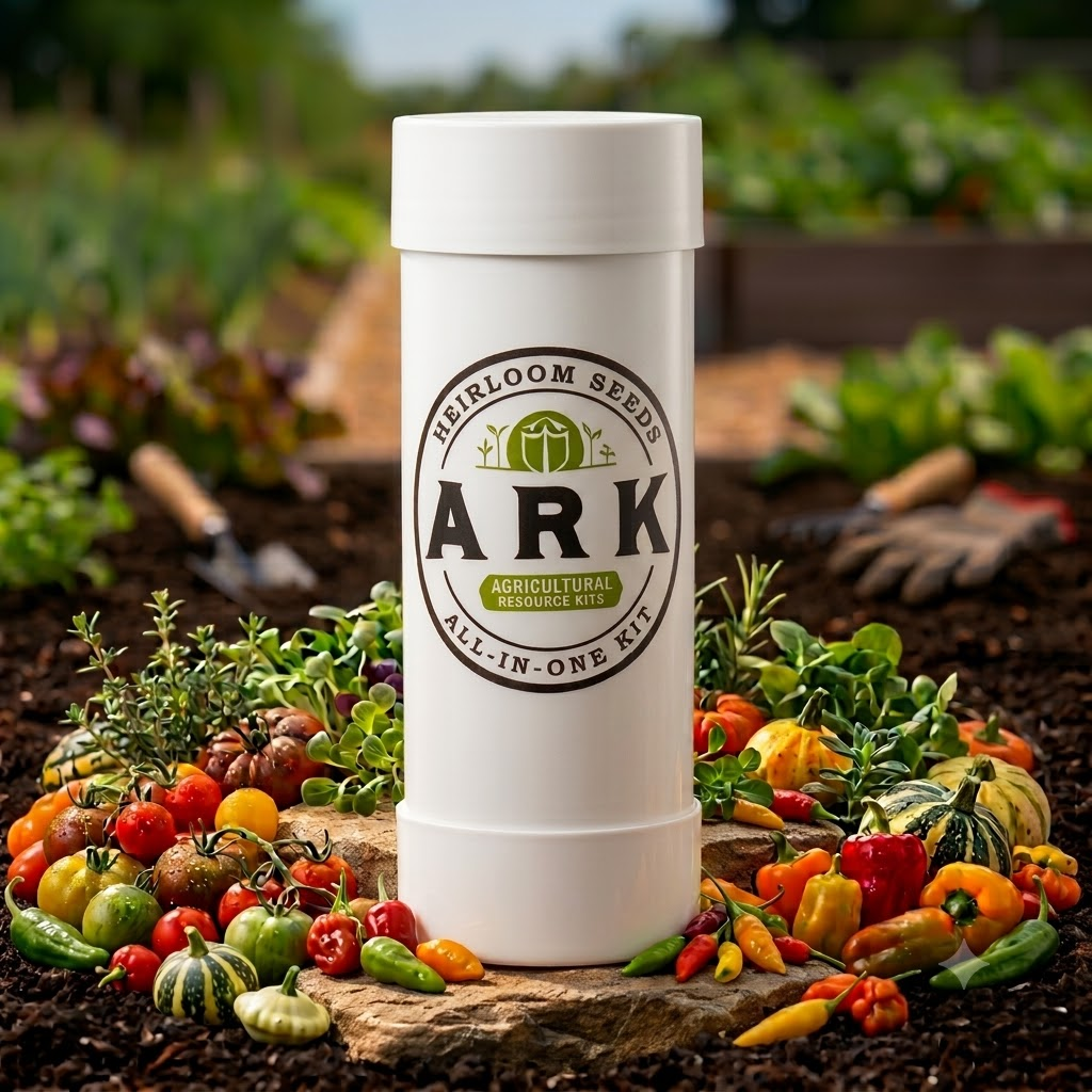 A white cylindrical container with a label that reads 'ARK Heirloom Seeds, All-In-One Kit', containing various seeds for plants and vegetables.