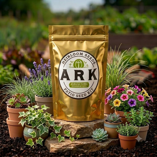 A sealed, gold-colored pouch with the ARK brand logo, labeled as a Patio Seed Kit.