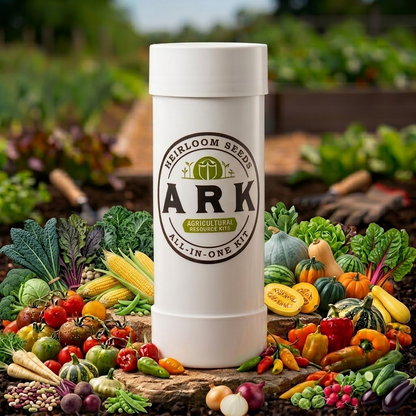 A white cylindrical ARK agricultural resource kit container stands upright on a log surrounded by a colorful assortment of fresh vegetables and fruits in a garden setting.