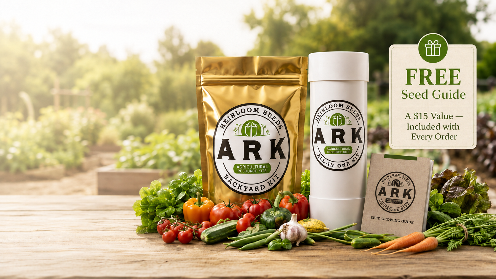 ARK Backyard Kit products displayed on a wooden table with fresh vegetables in a garden setting. The kit includes a gold pouch, a white container, a small booklet, and a 'FREE Seed Guide' card.