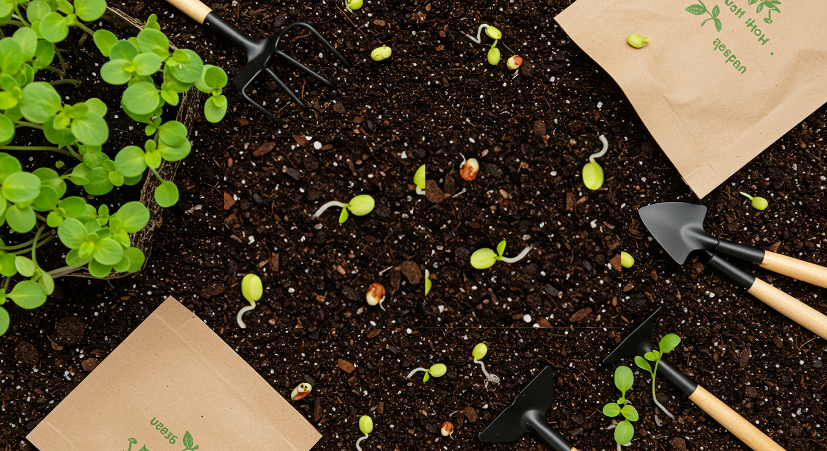 Seed packets, seedlings, and gardening tools scattered on the soil, creating a planting atmosphere.