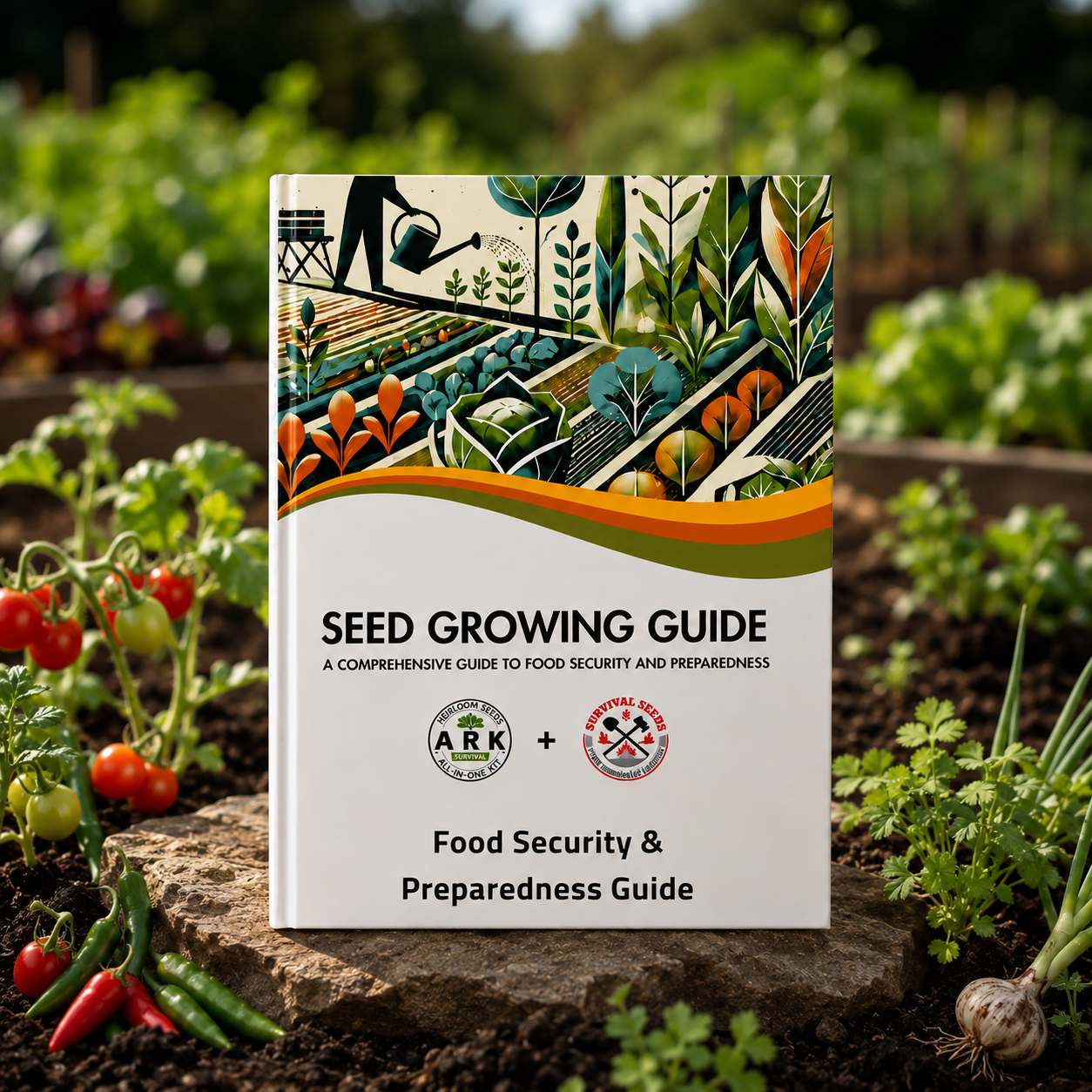 A book titled 'Seed Growing Guide: A Comprehensive Guide to Food Security and Preparedness' stands upright on a stone in a garden bed, surrounded by fresh tomatoes, herbs, and soil.