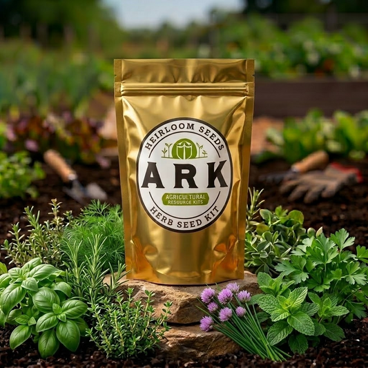 A gold resealable pouch labeled ARK Herbdom Seeds Herb Seed Kit stands on a stone in a garden bed surrounded by green herbs and soil.