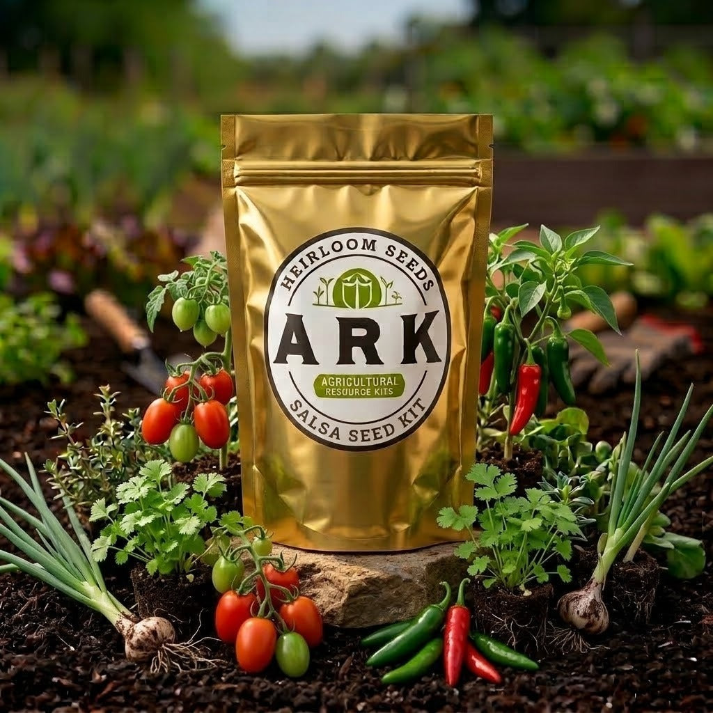A gold resealable pouch labeled 'Heinroom Seeds ARK Agricultural Preserve Kit Salsa Seed Kit' stands in a garden bed surrounded by fresh tomatoes, chili peppers, herbs, and garlic.