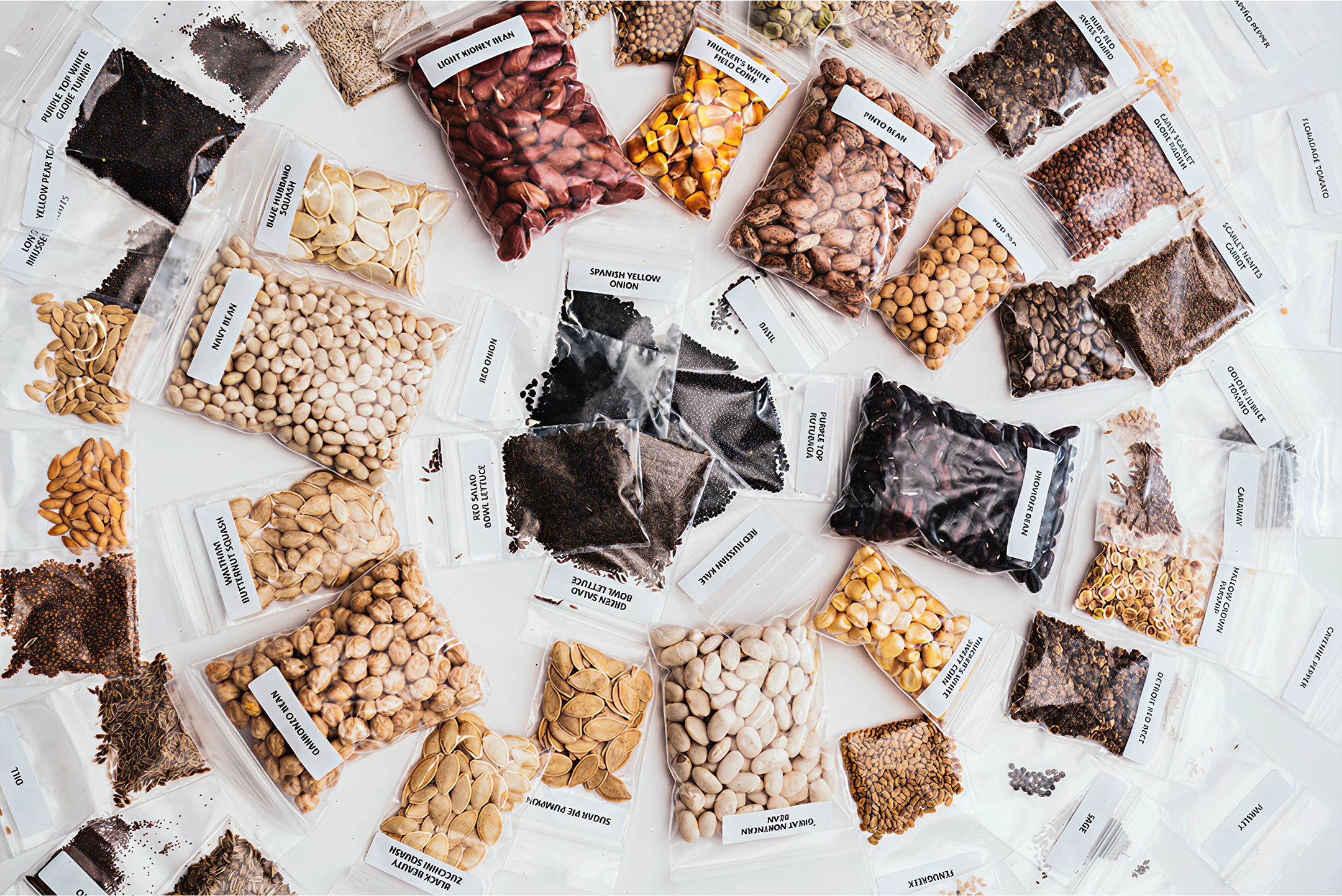 Assorted dried beans and legumes in labeled packages on a white background