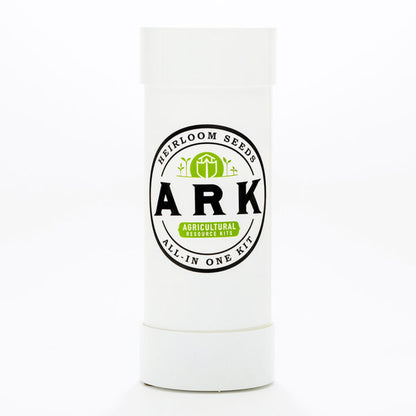 A white cylindrical container with a label that reads 'ARK Heirloom Seeds, All-In-One Kit', containing various seeds for plants and vegetables.