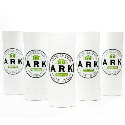 Five white cylindrical containers with labels, each labeled with 'ARK' and information about the contents which include various types of seeds.
